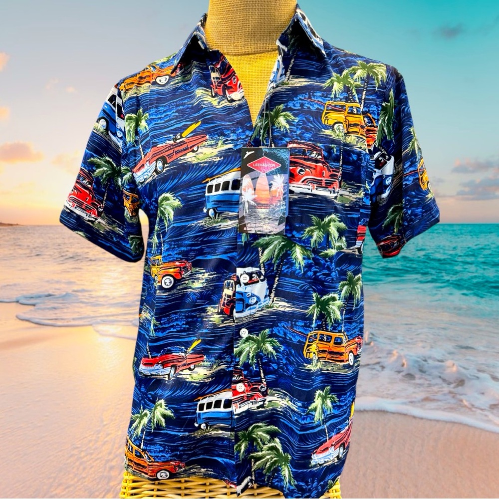 NWT Blue Vintage Car & Surfboard Cotton Blend Hawaiian Shirt- Multiple Sizes